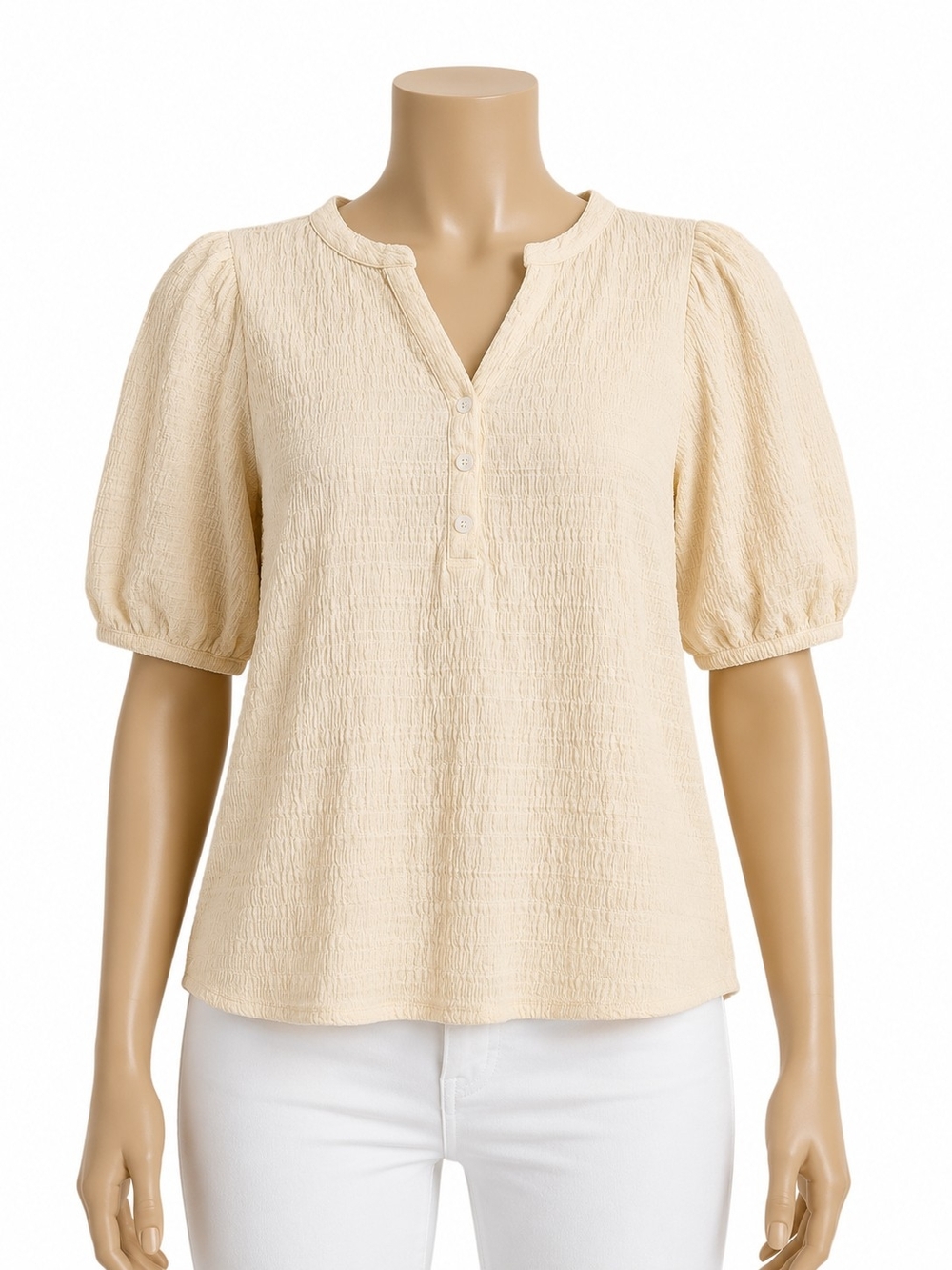 LOFT Cream Textured Puff-Sleeve Henley Blouse